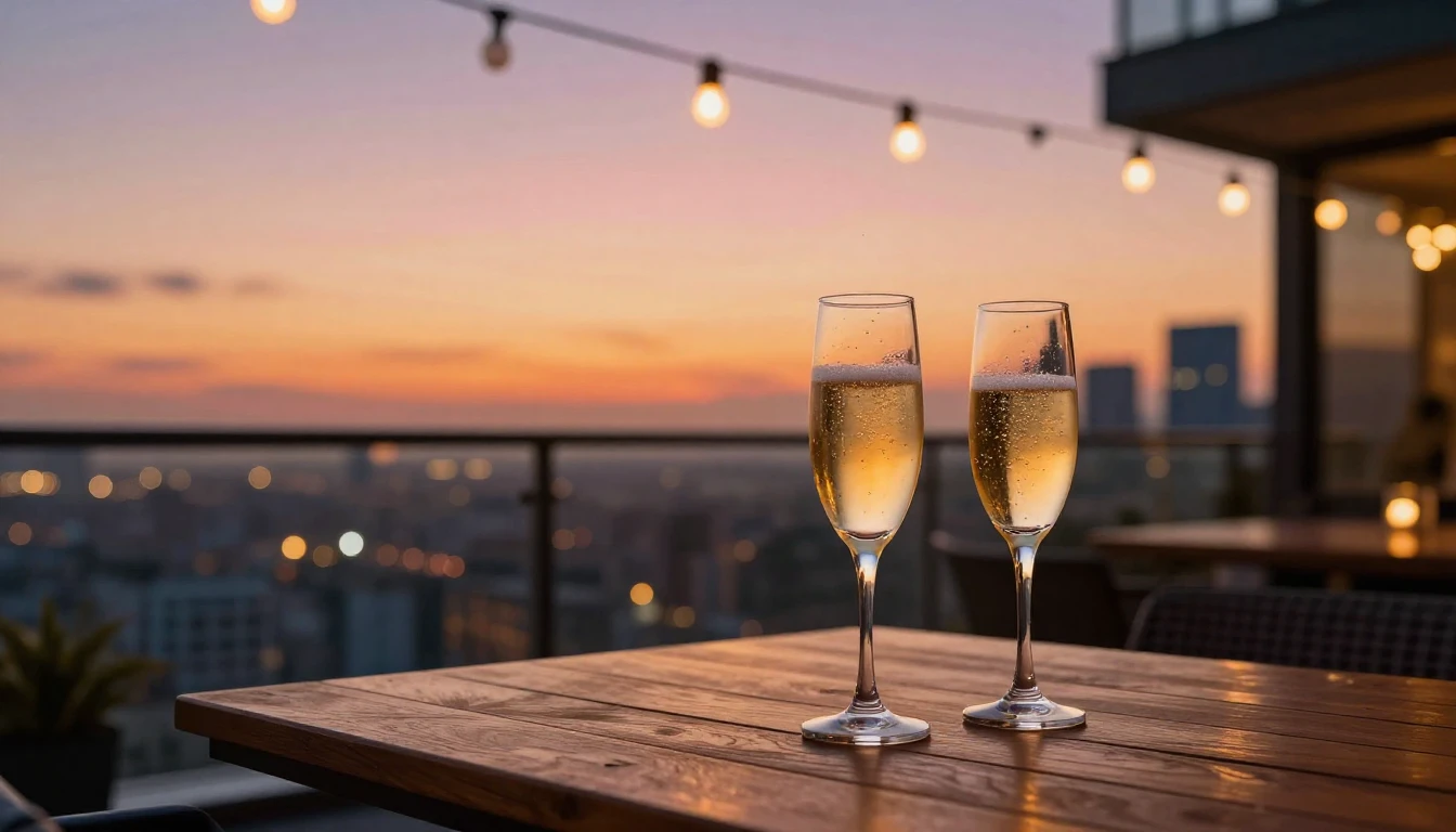 A sophisticated and celebratory scene on a modern rooftop te...