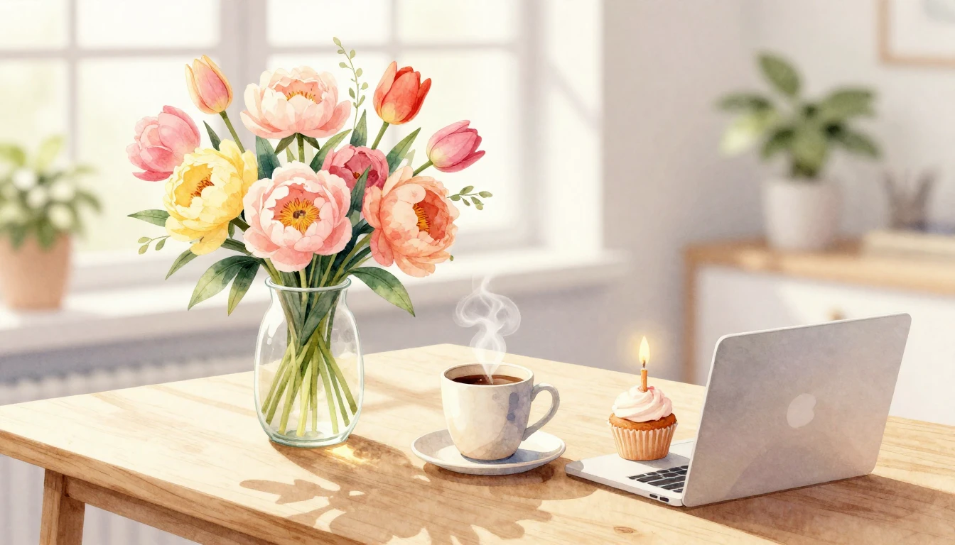 A bright and elegant watercolor illustration of a cozy works...