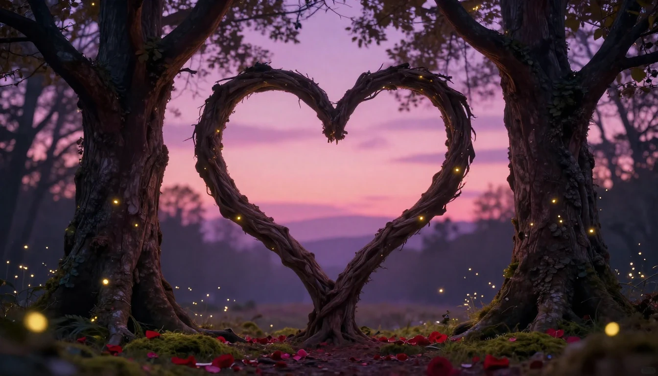 A romantic and dreamy scene depicting two intertwined trees ...