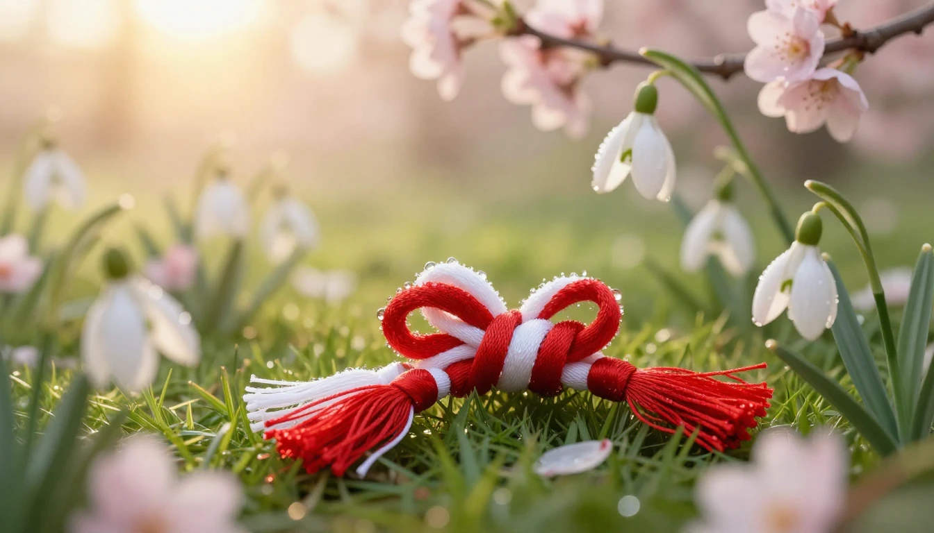 A delicate Mărțișor symbol consisting of intertwined red and...