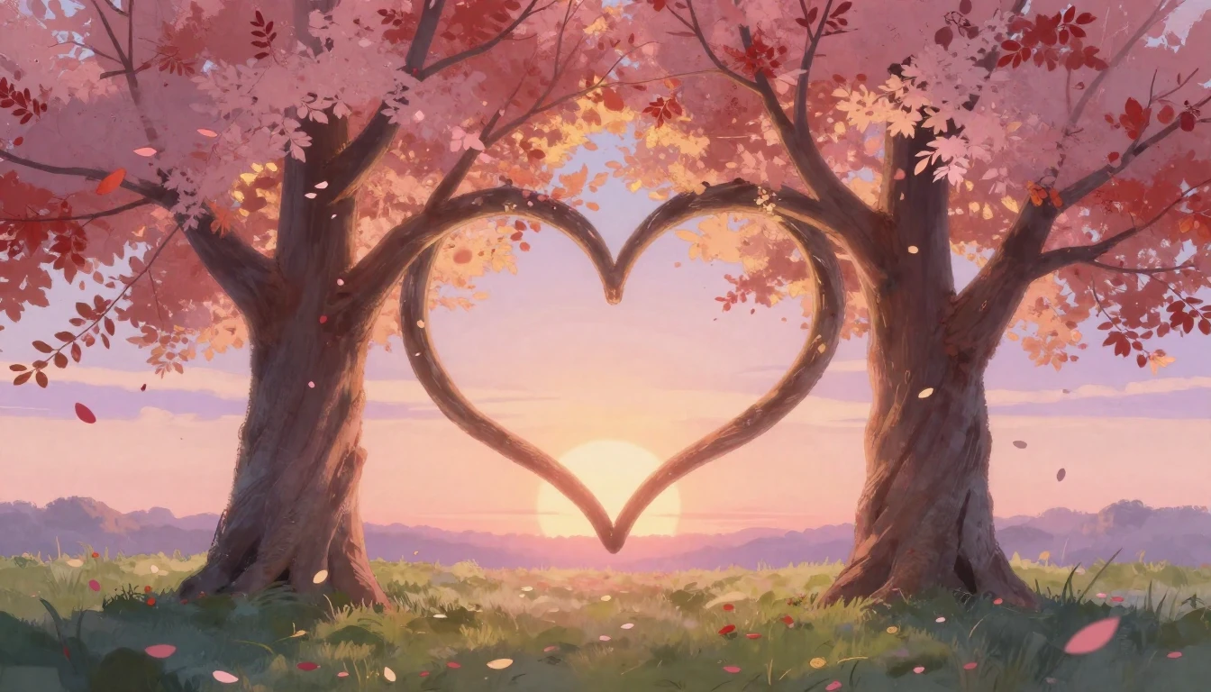 A soft and romantic composition depicting two large ancient ...