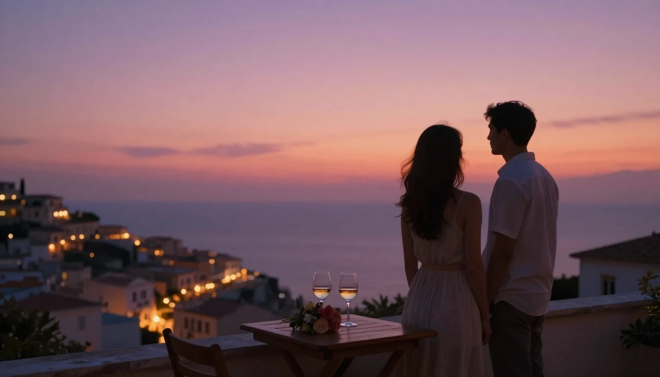 A romantic and intimate scene of two lovers' silhouettes sta...