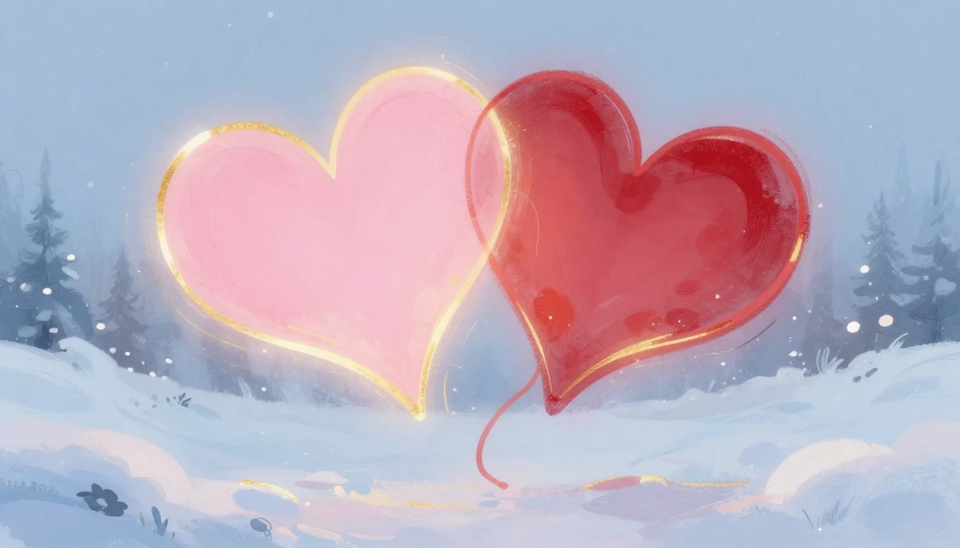 A romantic and soft composition depicting two glowing, inter...