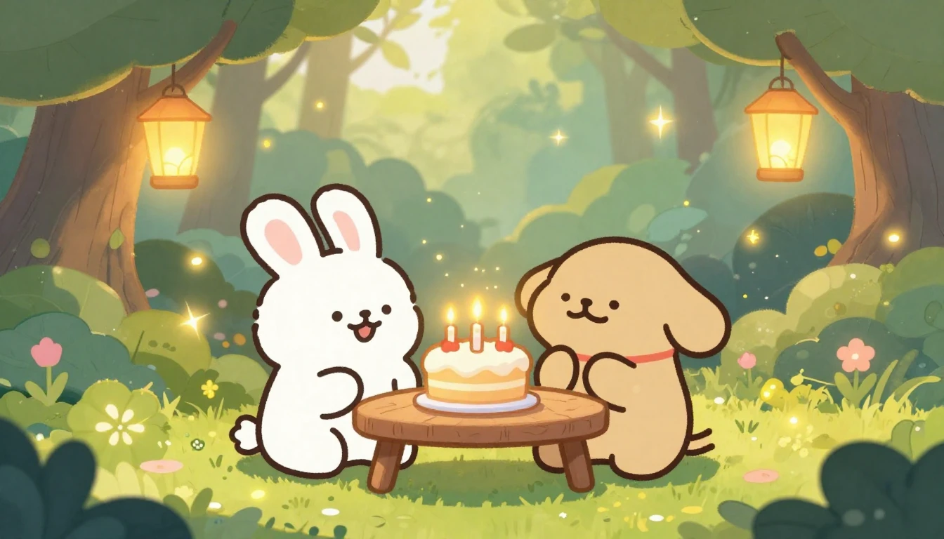 A warm and magical birthday scene featuring two cute, abstra...