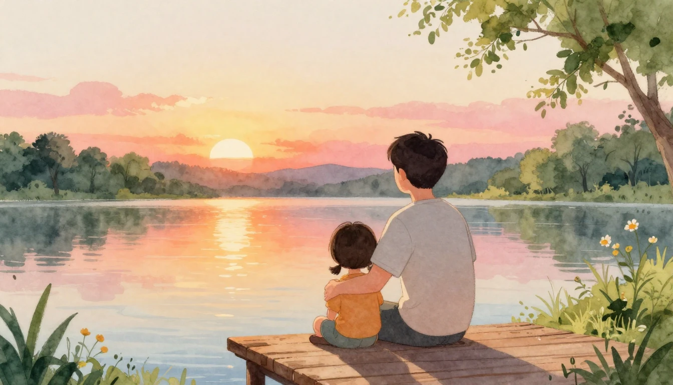 A heartwarming watercolor illustration depicting a father an...