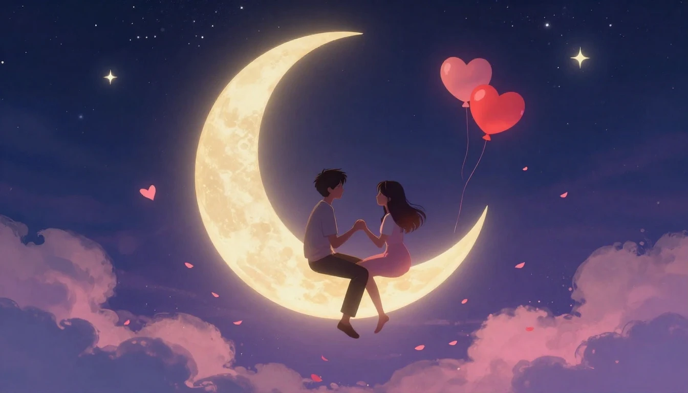 A romantic and dreamy illustration depicting a couple sittin...