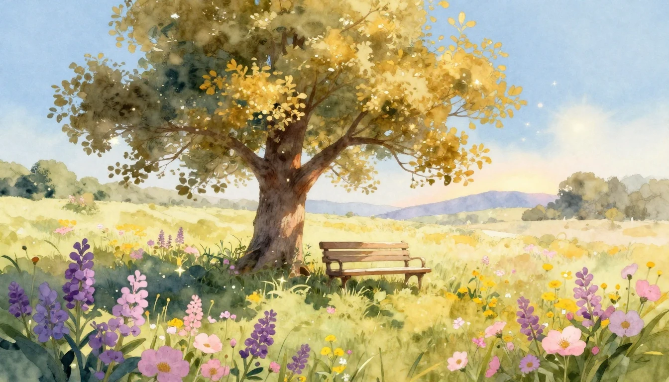 A whimsical watercolor painting of a sun-drenched meadow fil...