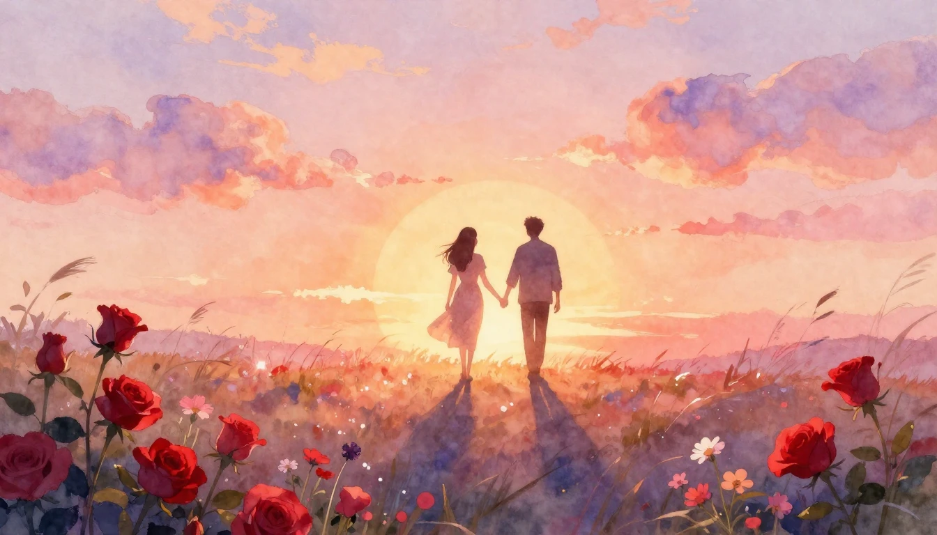 A soft and dreamy watercolor painting depicting two silhouet...