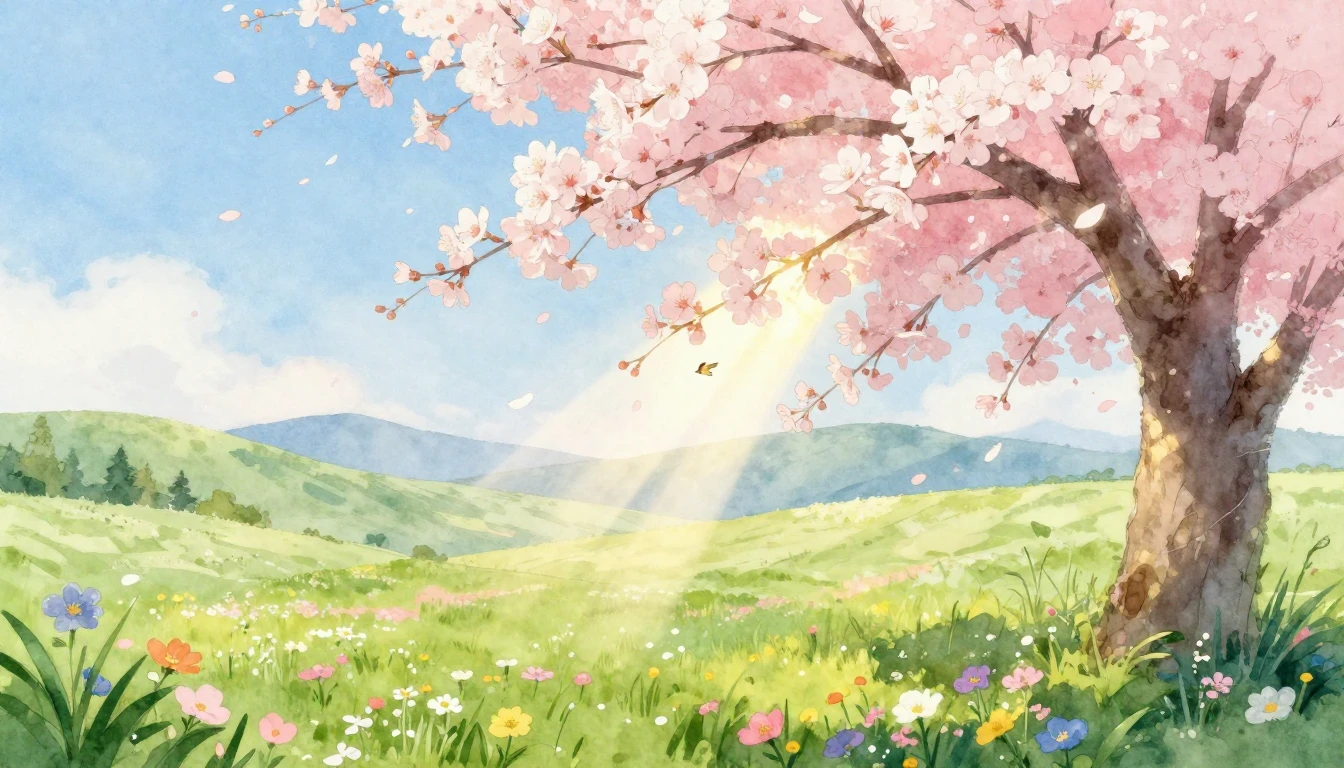 A soft and dreamy watercolor landscape depicting the arrival...