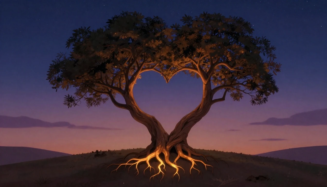 A warm, romantic illustration featuring two intertwined tree...