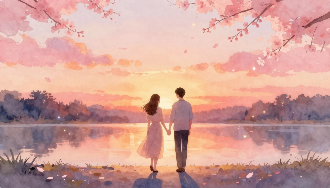 A romantic and ethereal watercolor illustration of a couple ...