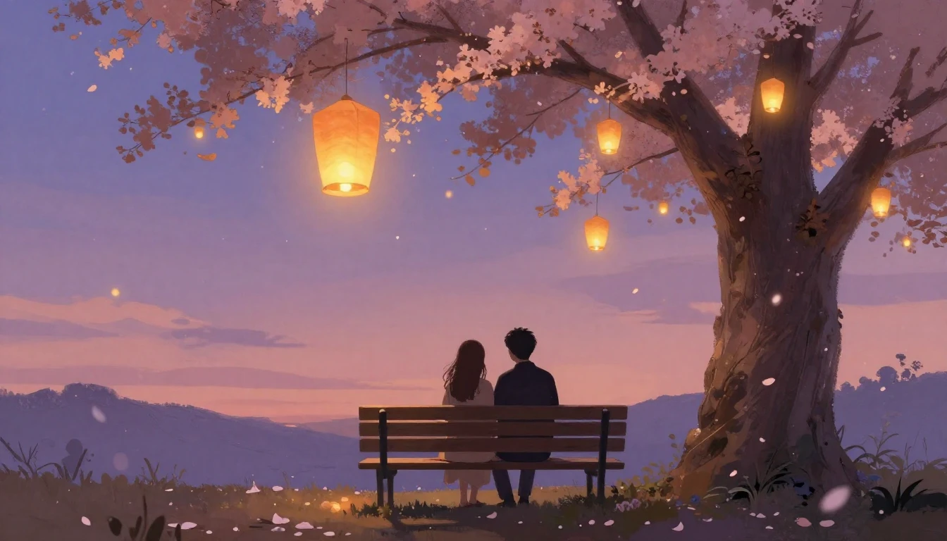A romantic and cozy scene of two silhouettes sitting closely...