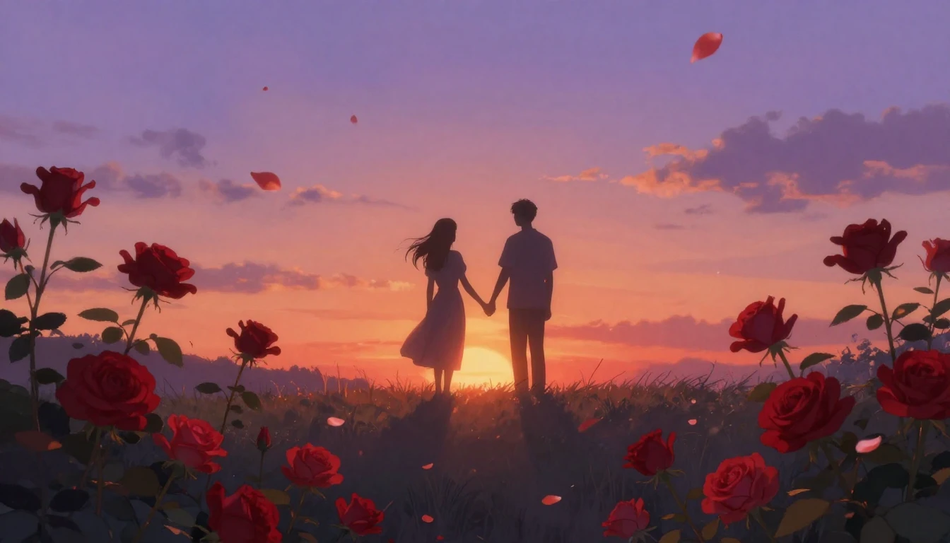 A soft and dreamy scene showing two silhouetted figures hold...