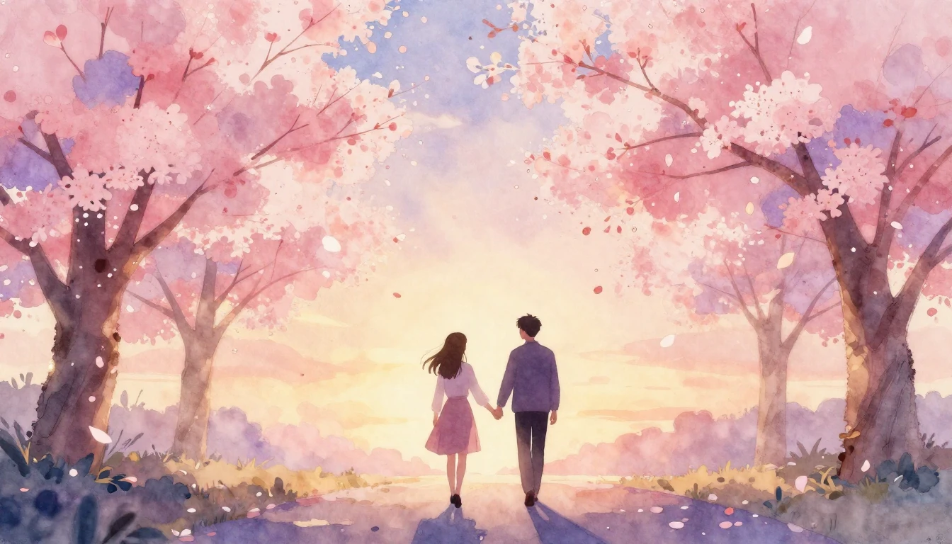 A dreamy and romantic watercolor painting depicting two silh...