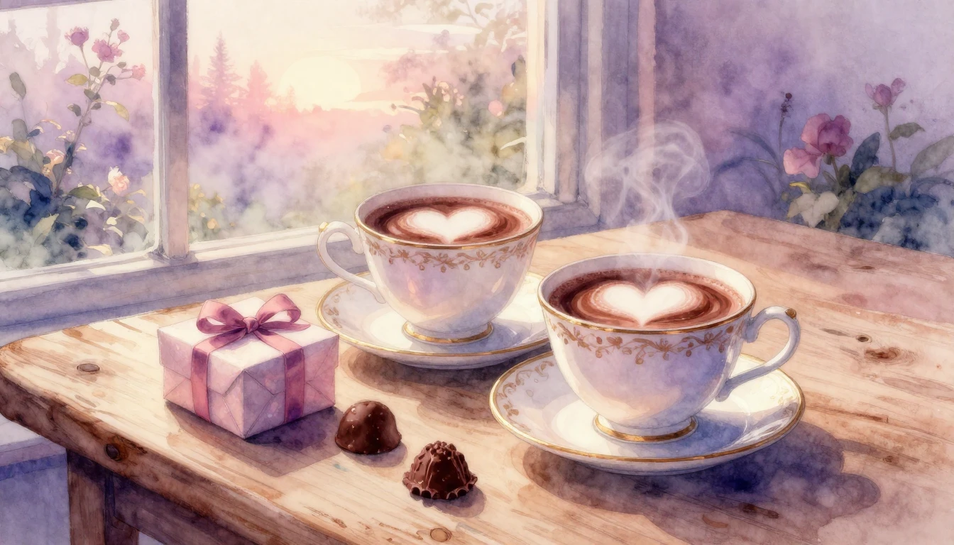 A romantic and dreamy watercolor illustration of two elegant...