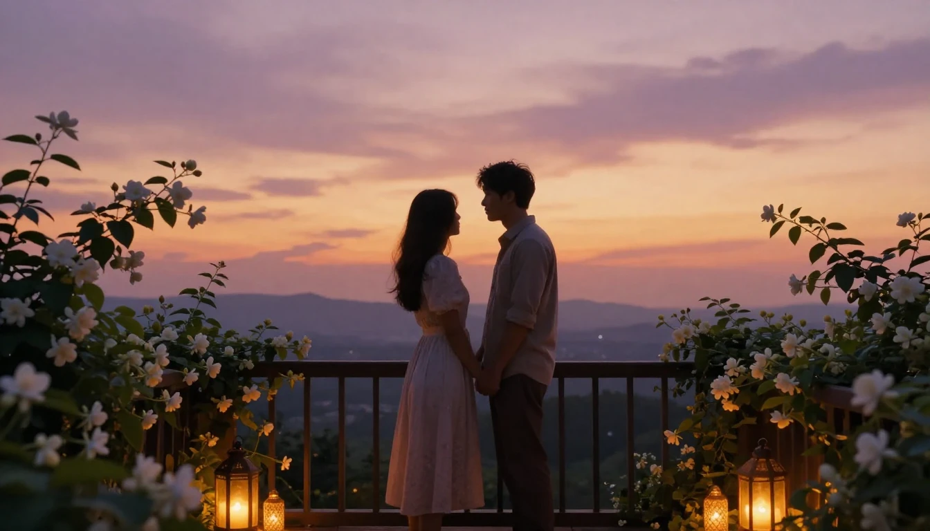 An ethereal and romantic scene depicting a couple standing o...