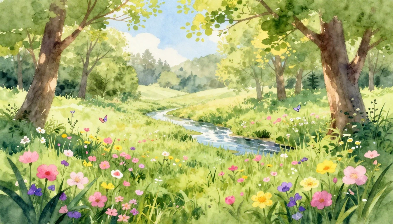 A soft and vibrant watercolor painting depicting a lush mead...