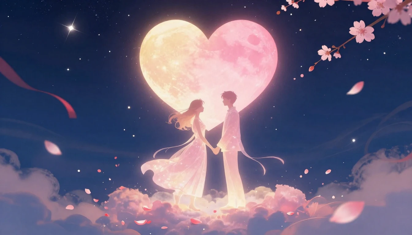 A romantic and dreamy illustration featuring two translucent...