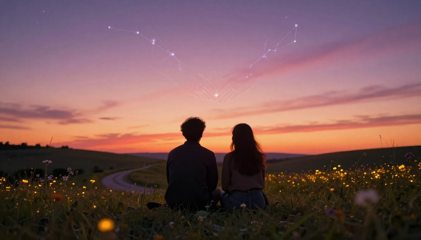 Two silhouetted figures sitting side by side on a grassy hil...