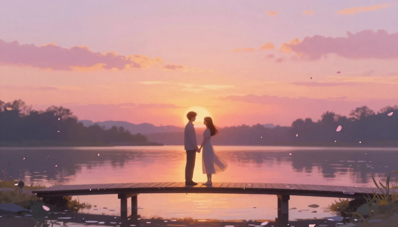 A romantic and ethereal scene depicting two silhouettes stan...