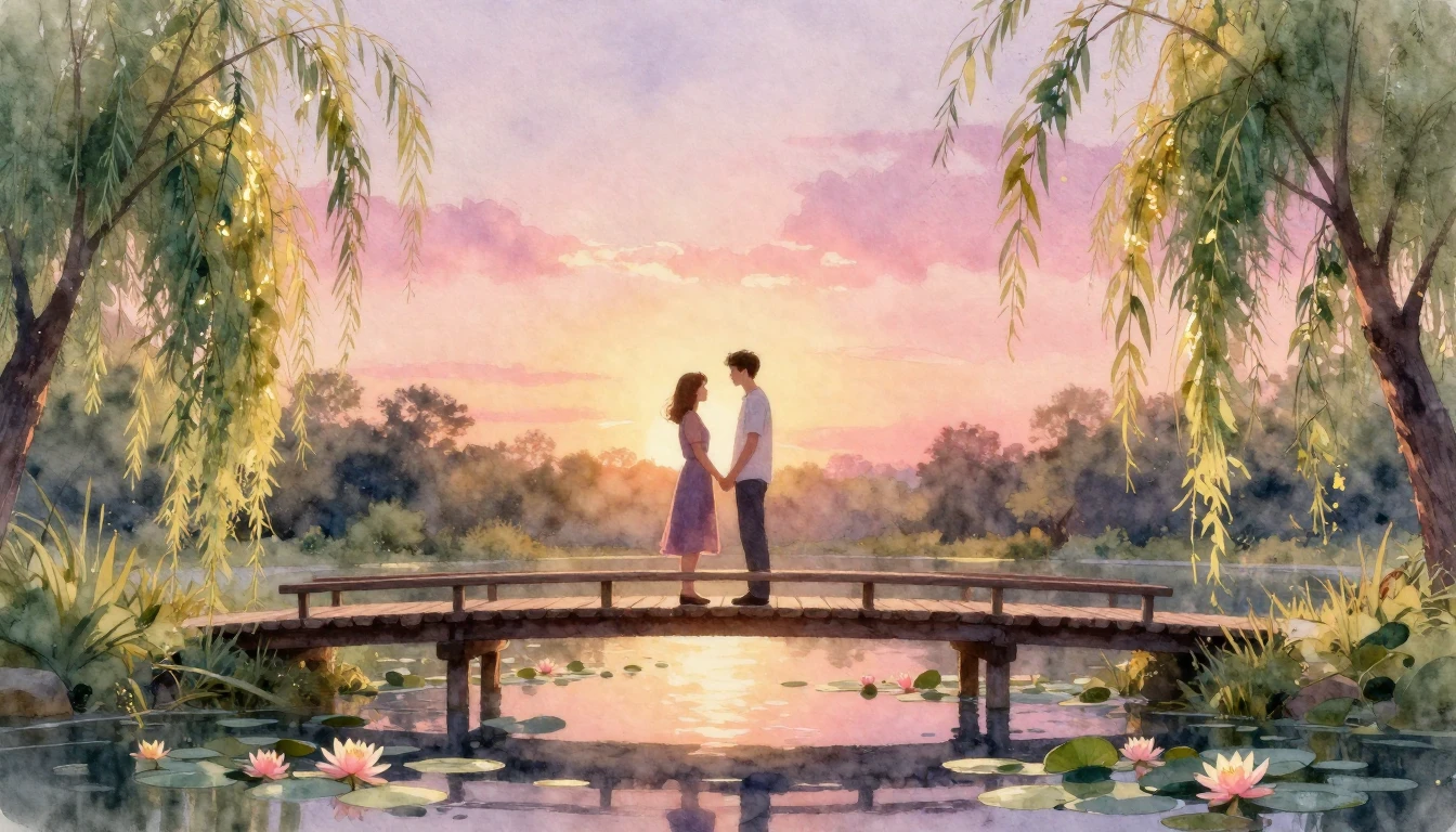 A romantic and dreamy watercolor painting of a couple standi...