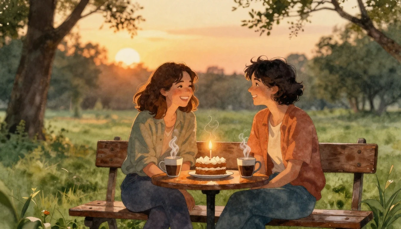 A warm and cozy scene of two close friends sitting on a rust...