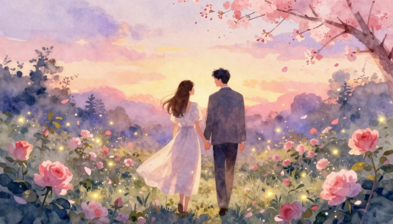 An ethereal and romantic watercolor illustration of a couple...