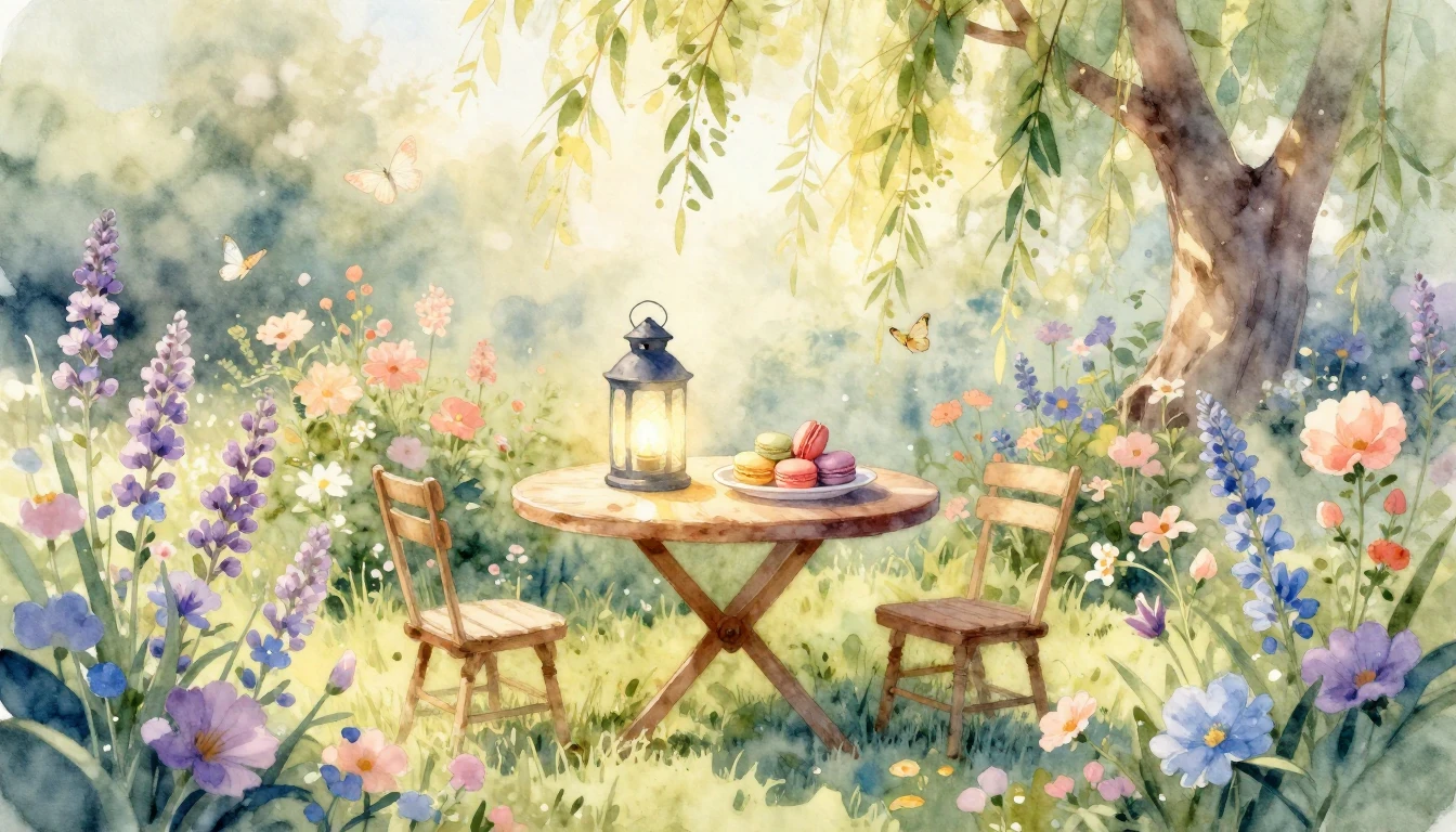 A dreamy and heartwarming watercolor scene of a sun-drenched...