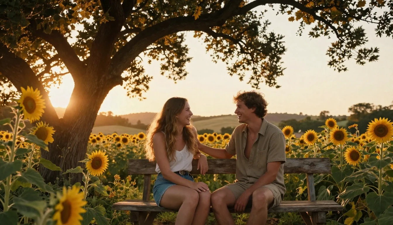 A heartwarming scene of two close friends sitting on a rusti...