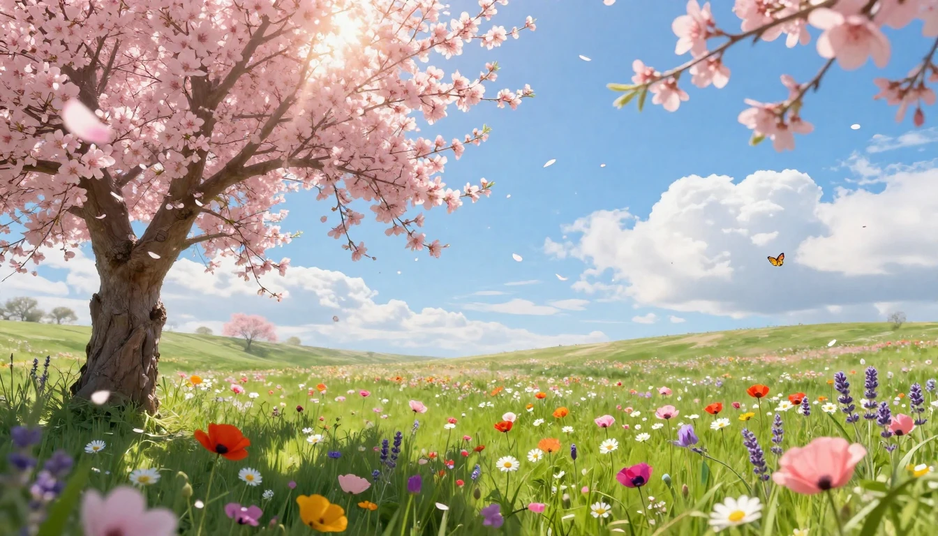 A vibrant and soft spring landscape featuring a lush green m...