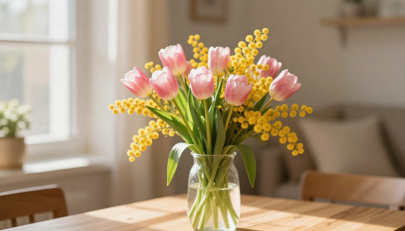 A heartwarming and serene scene featuring a bouquet of delic...