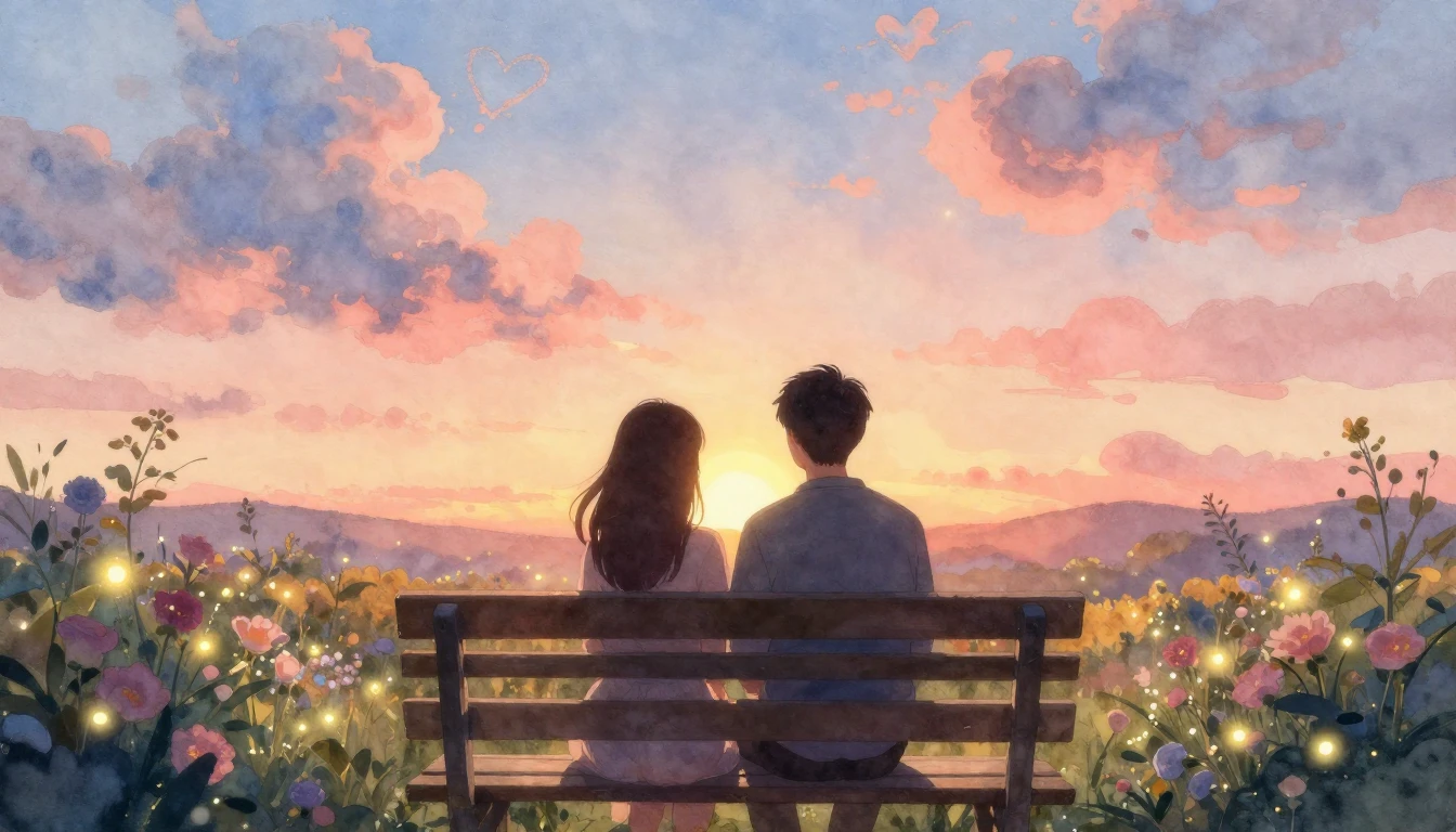 A soft and dreamy watercolor painting depicting two silhouet...