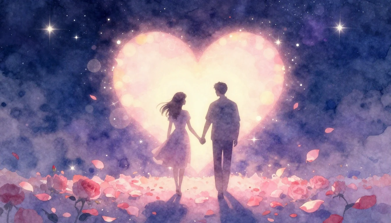A romantic and dreamy illustration depicting two vague silho...