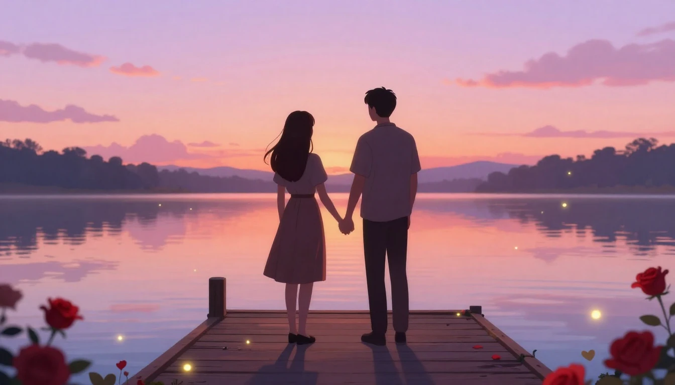 A romantic and dreamy illustration featuring two silhouetted...