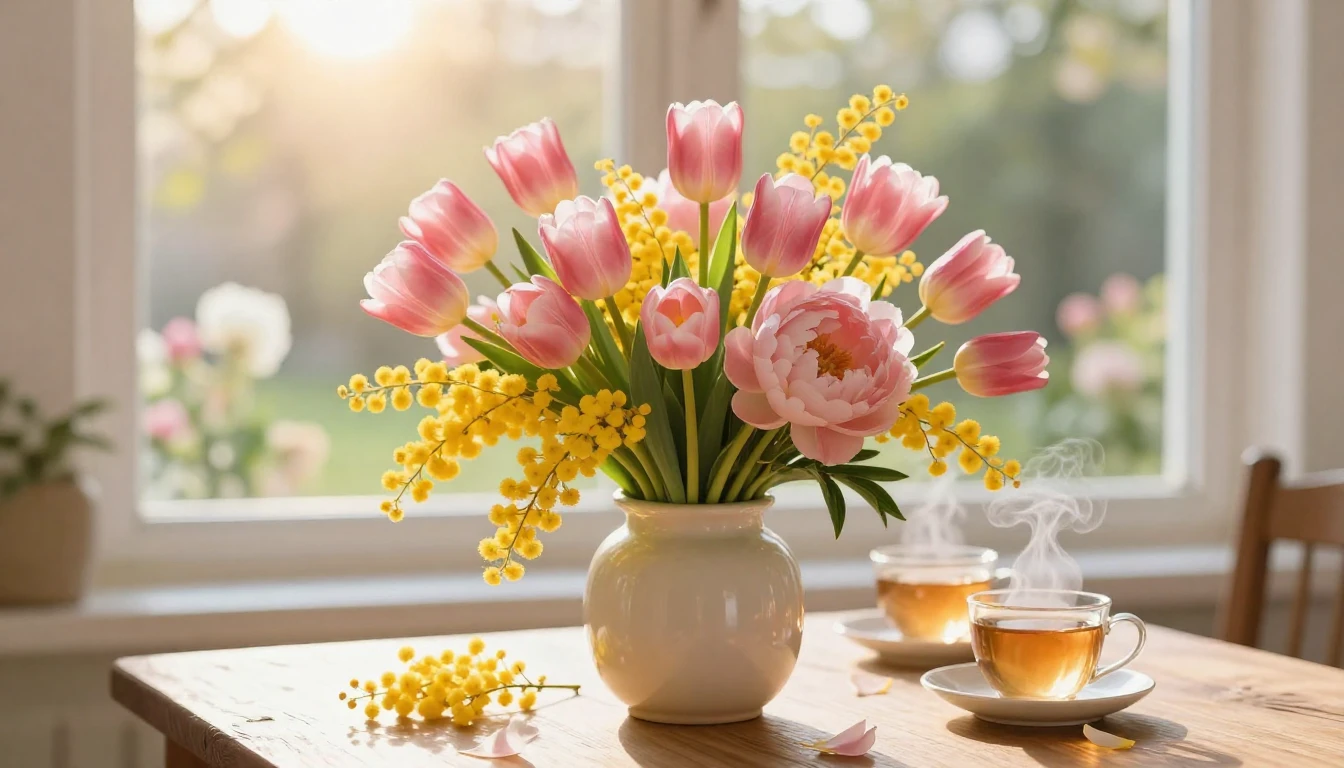 A vibrant and warm spring scene featuring a lush bouquet of ...