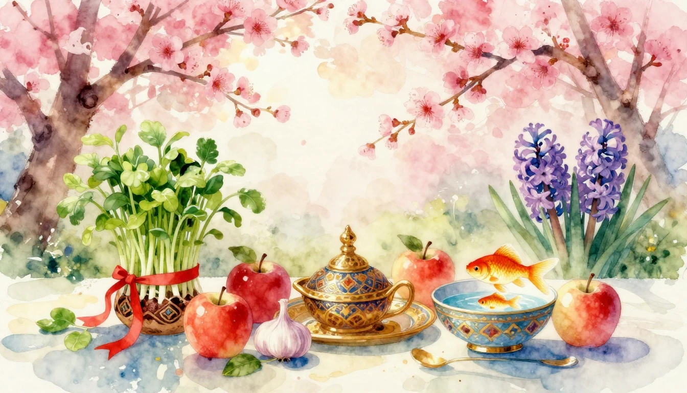 A beautiful, soft watercolor painting celebrating Persian Ne...