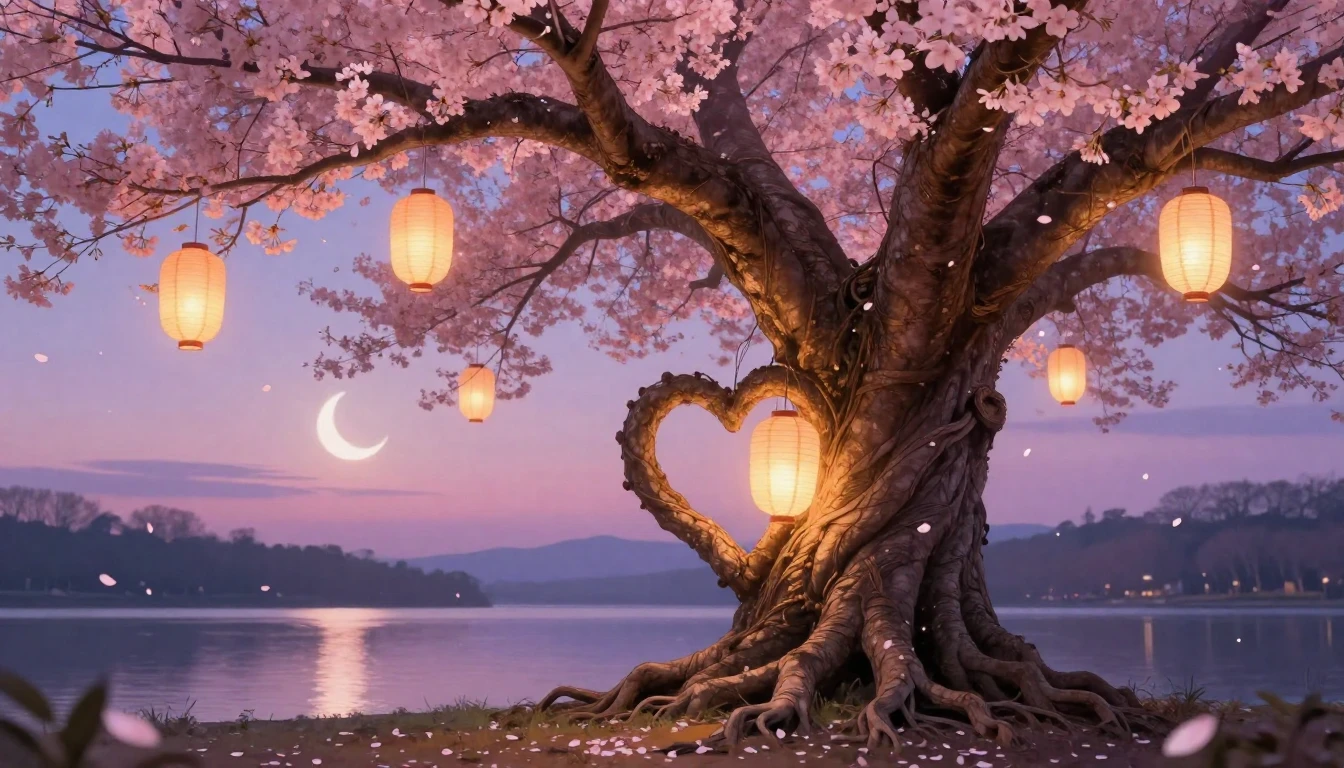 A romantic and dreamy scene featuring a majestic ancient tre...