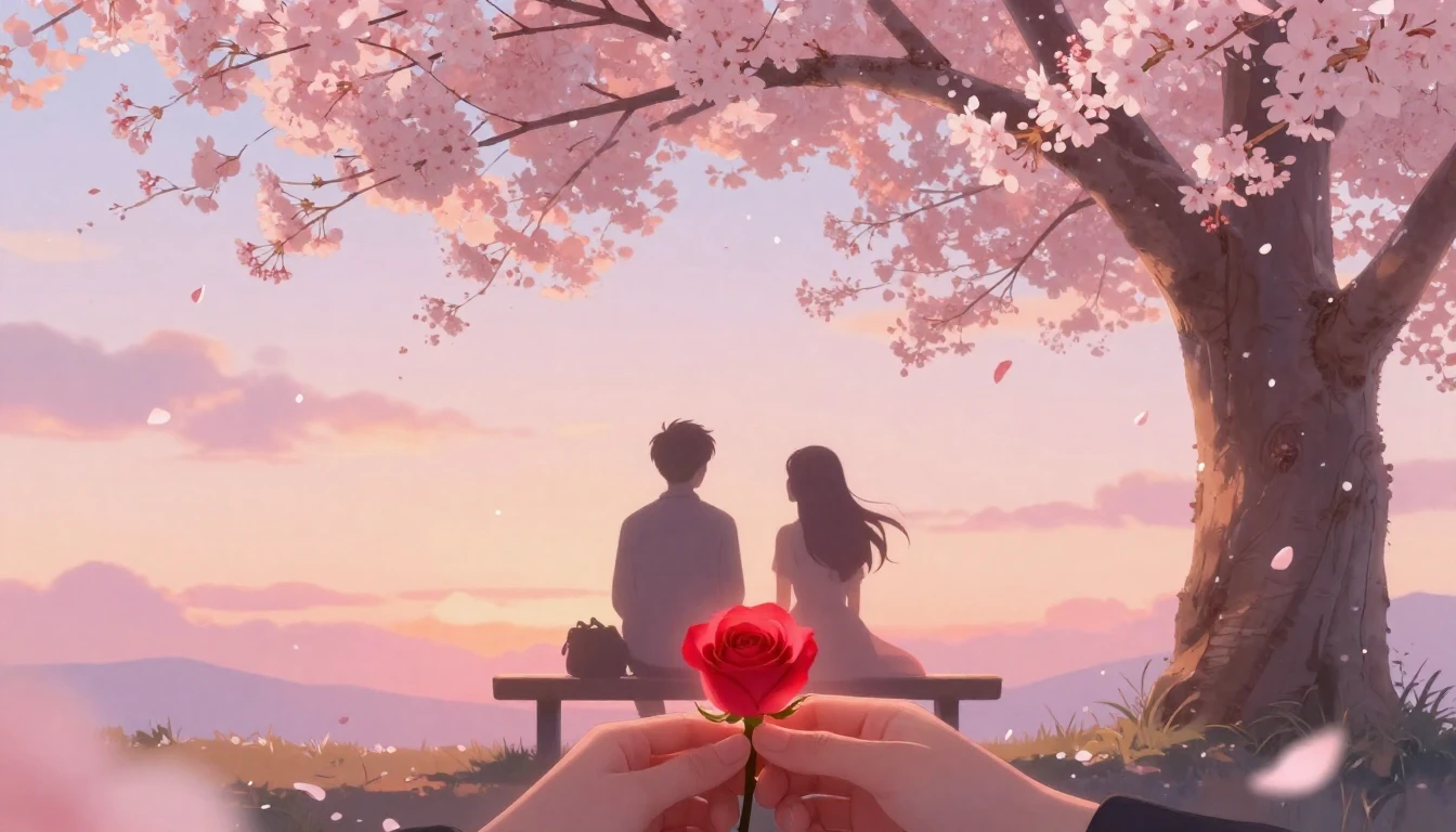 A romantic and soft composition featuring two silhouettes of...