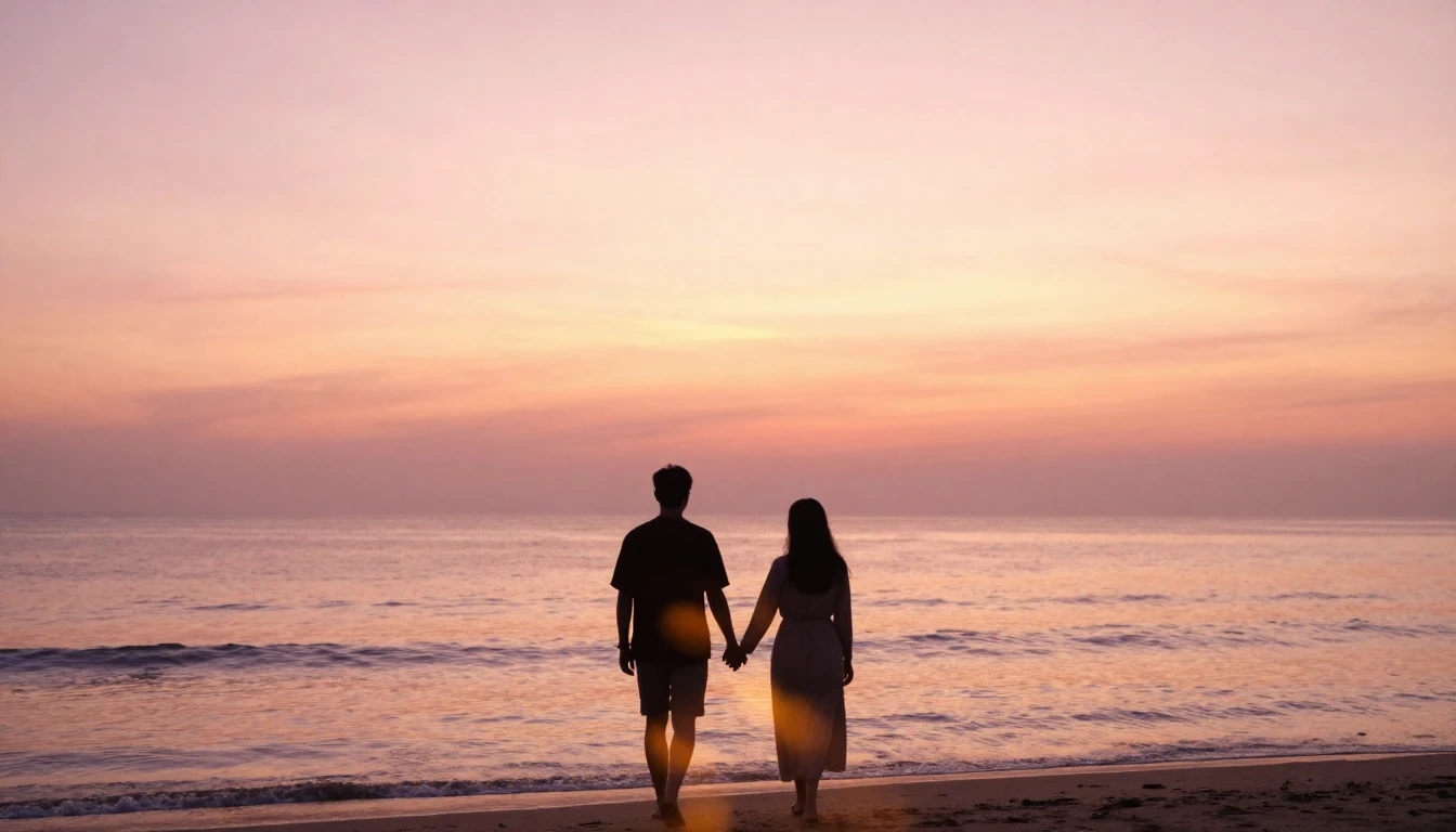 A romantic and ethereal scene depicting two silhouetted figu...