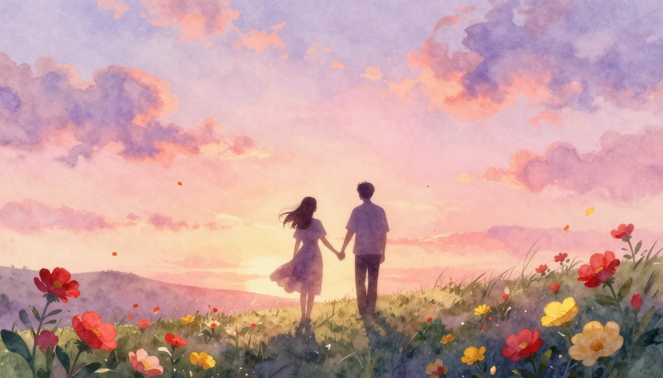 A soft and dreamy watercolor painting depicting two silhouet...
