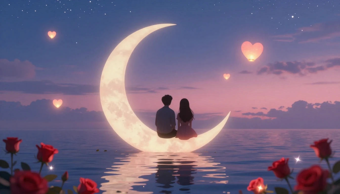 A soft and dreamy romantic scene featuring two silhouetted f...