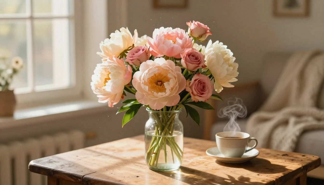 A beautiful and delicate bouquet of peonies and wild roses i...