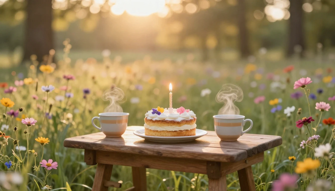 A warm and cozy outdoor scene during the golden hour. A smal...