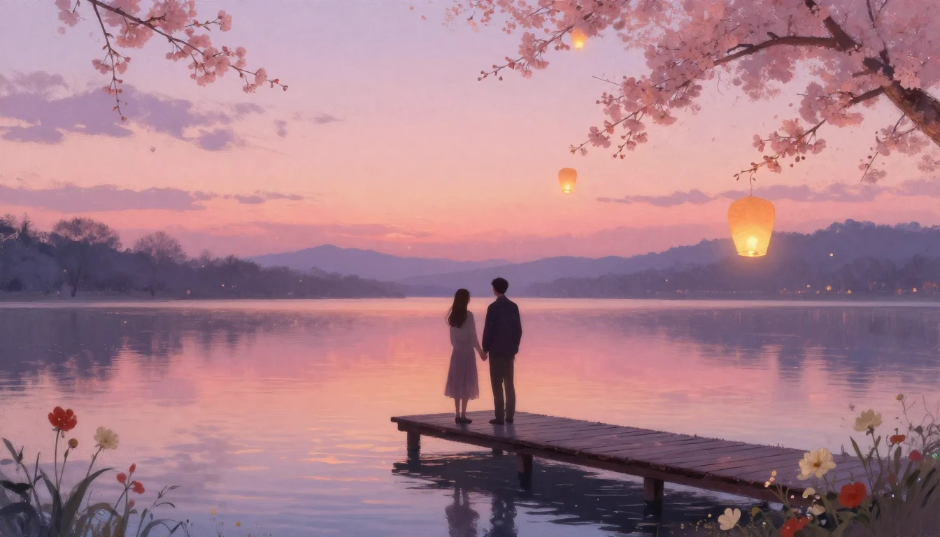 A dreamlike and romantic scene featuring two silhouettes sta...