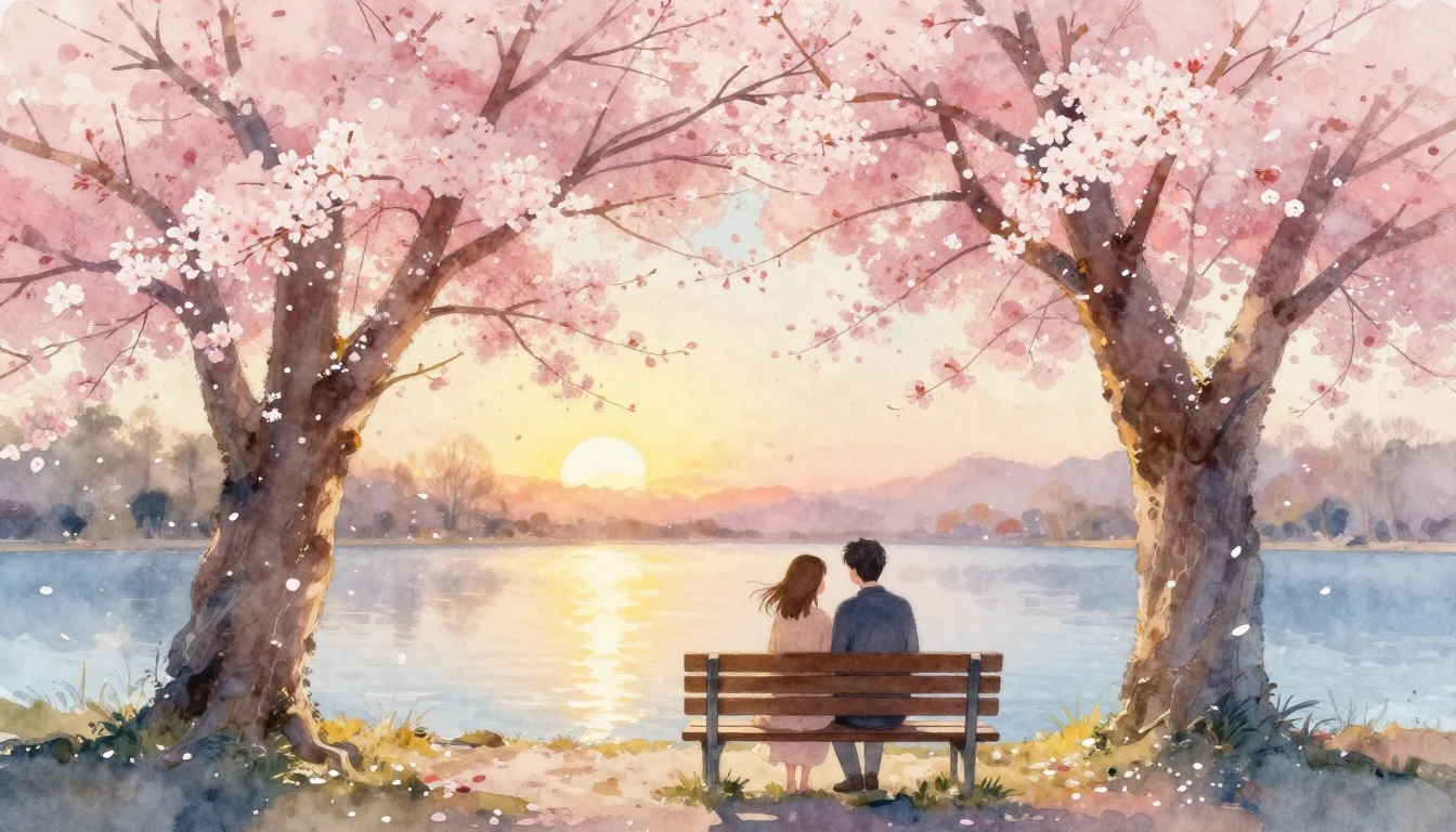A romantic and ethereal watercolor painting of a couple sitt...