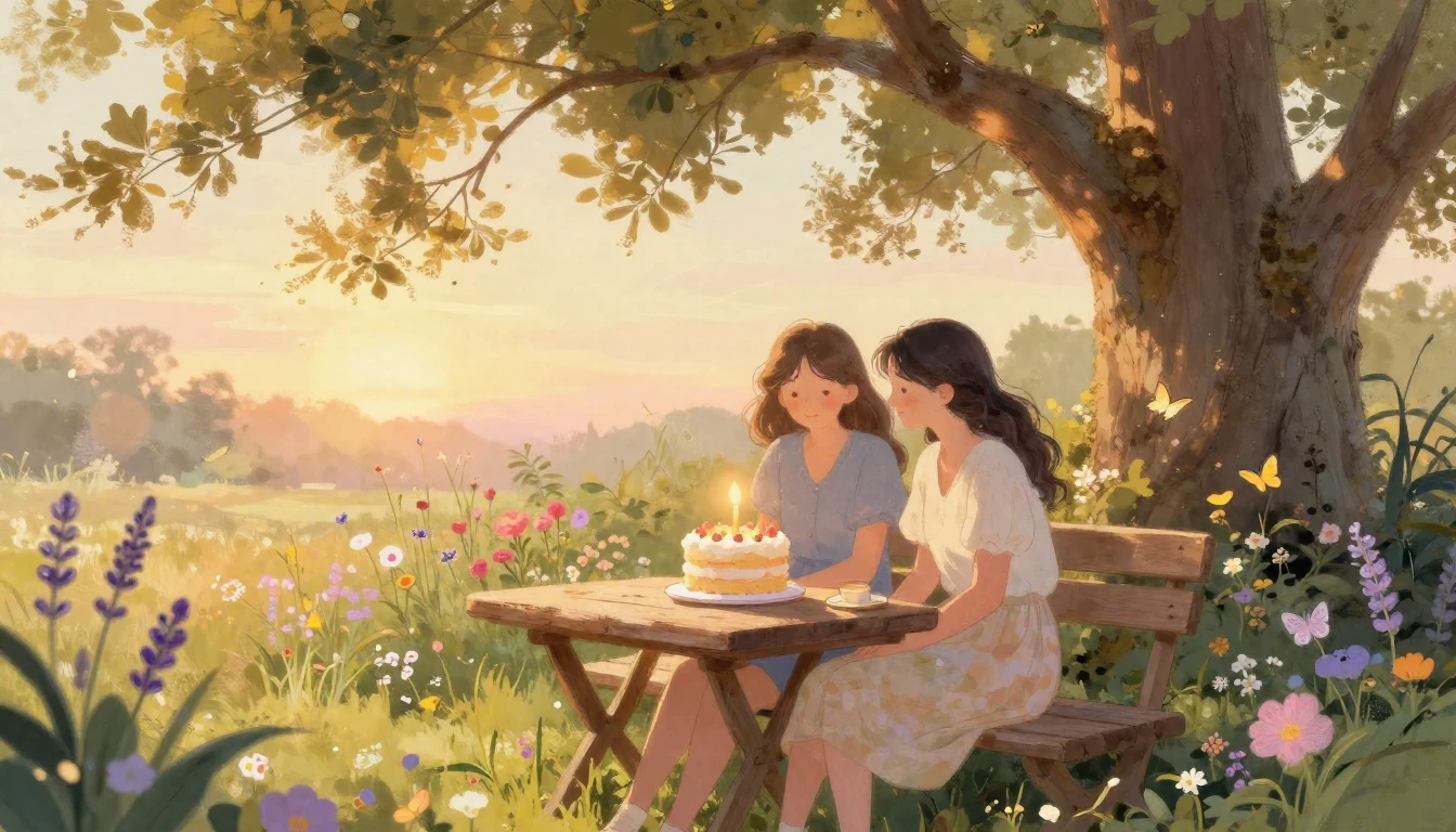 A warm and cozy scene of two close friends sitting on a wood...