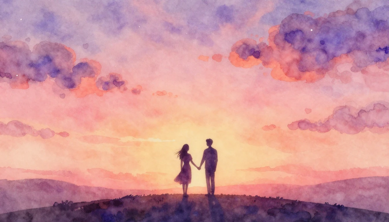 A romantic and dreamy watercolor painting depicting the silh...