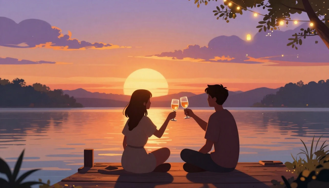 A vibrant digital art illustration capturing a warm sunset o...