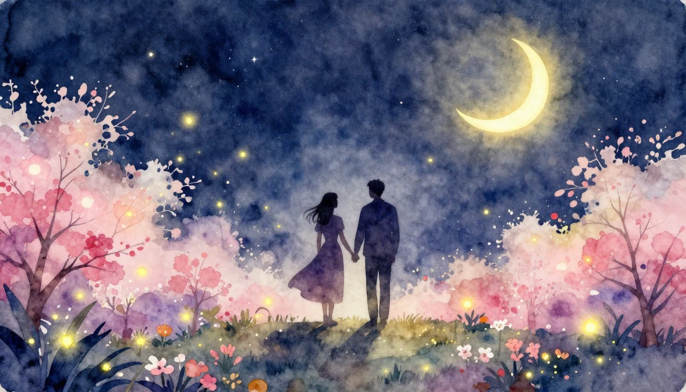 A dreamy and romantic watercolor painting featuring silhouet...