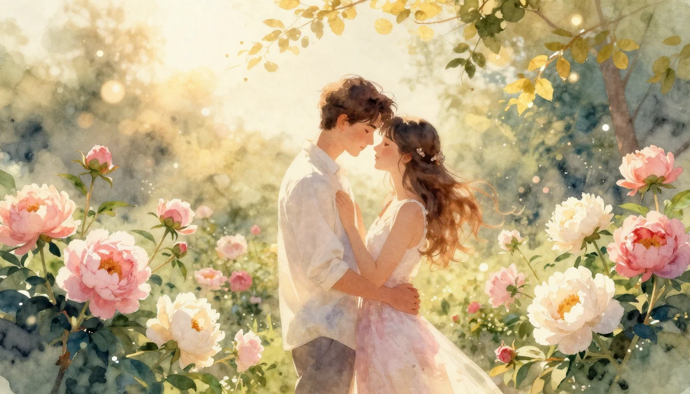 A romantic and ethereal watercolor illustration of two lover...